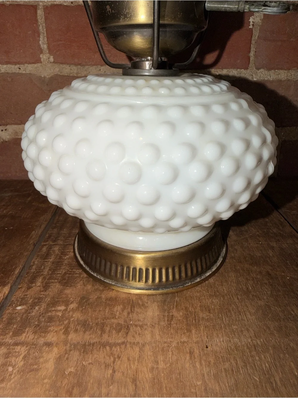 White Hobnail Milk Glass Table Lamp with Brass Accents